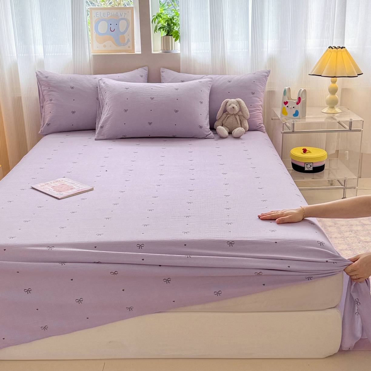 91家纺网 家纺一手货源 找家纺 丽美人家纺 2026新款A类皱皱双层纱印花单床单床单单件 紫色蝴蝶结