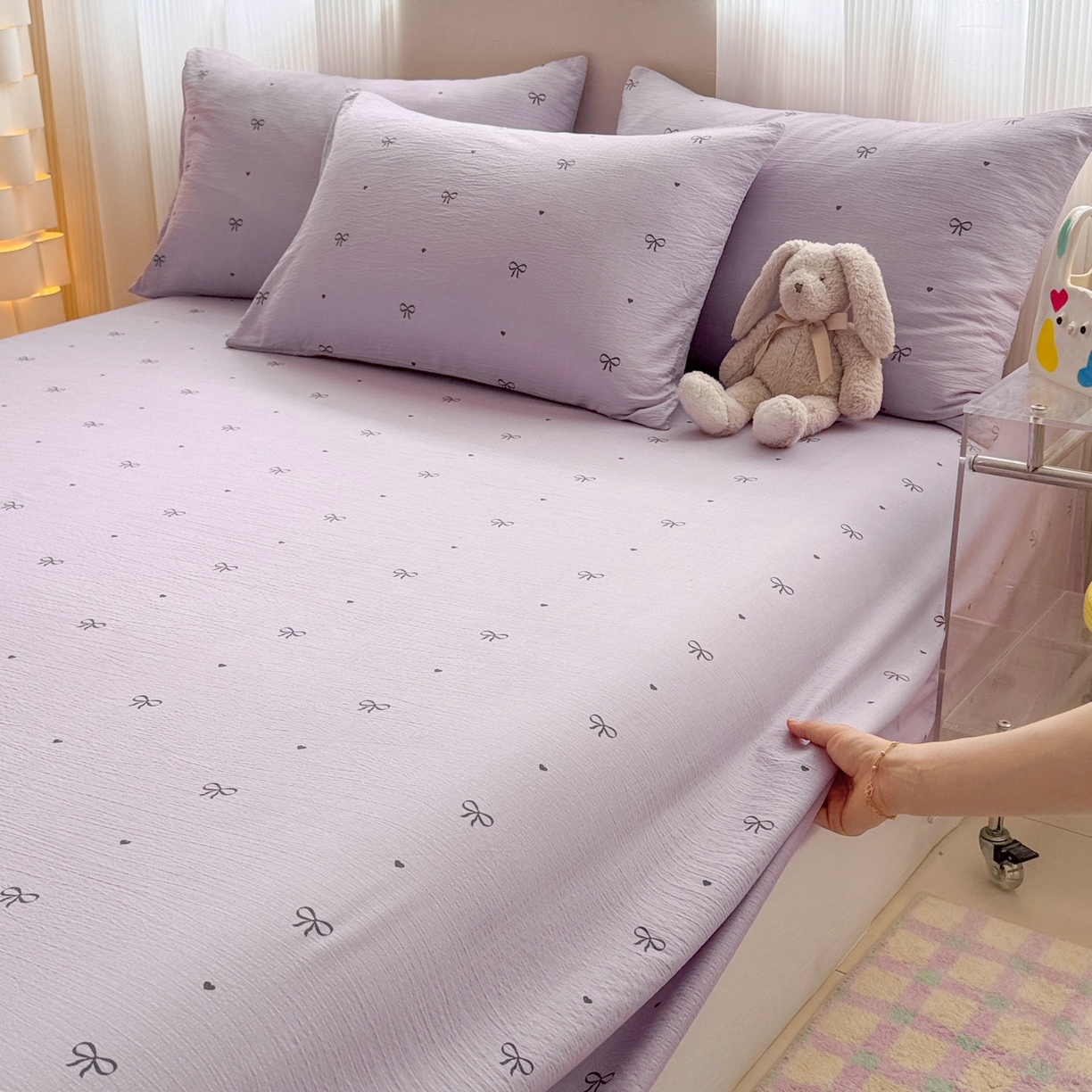 91家纺网 家纺一手货源 找家纺 丽美人家纺 2026新款A类皱皱双层纱印花单床单床单单件 紫色蝴蝶结