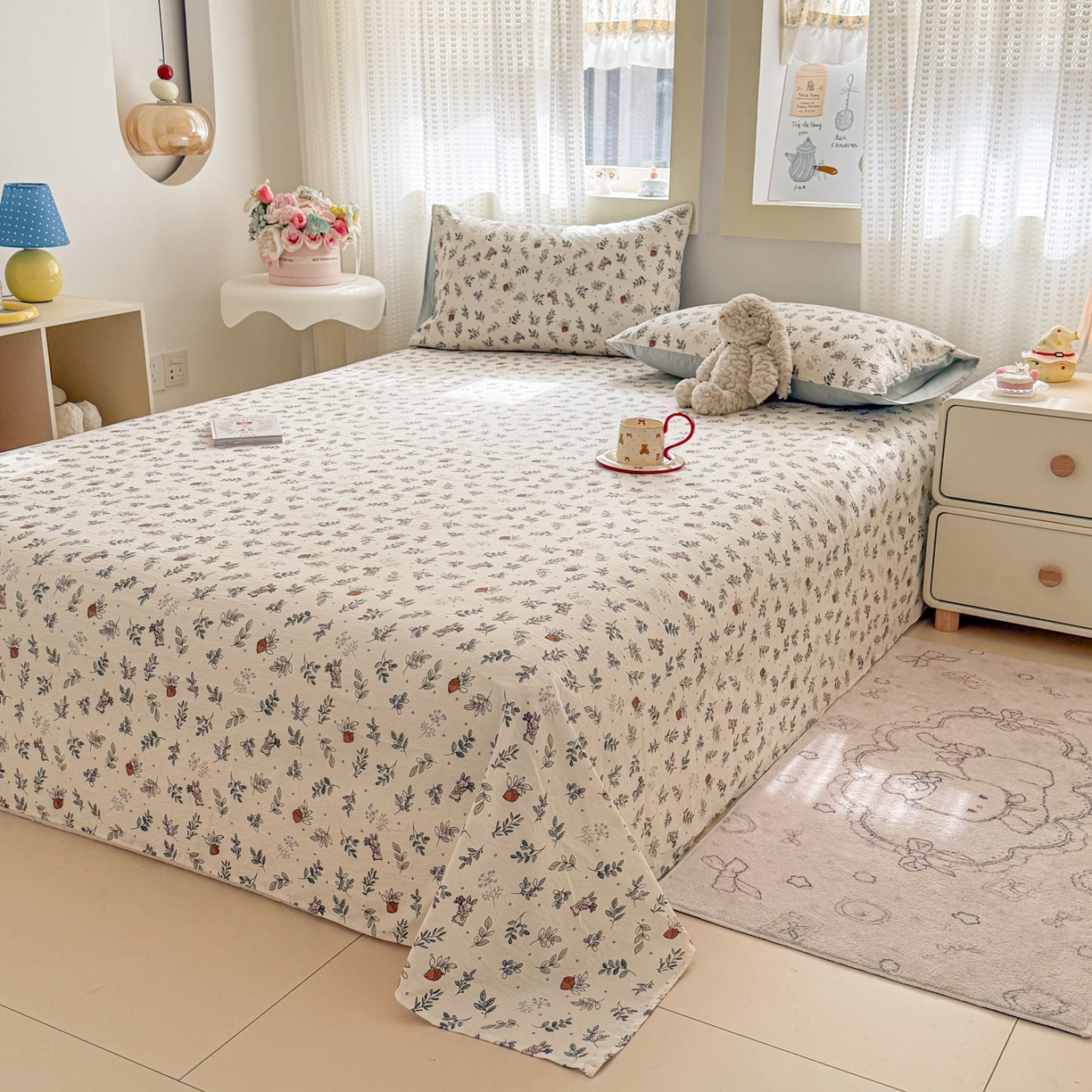 91家纺网 家纺一手货源 找家纺 丽美人家纺 2026新款A类皱皱双层纱印花单床单床单单件 紫雾叶兔