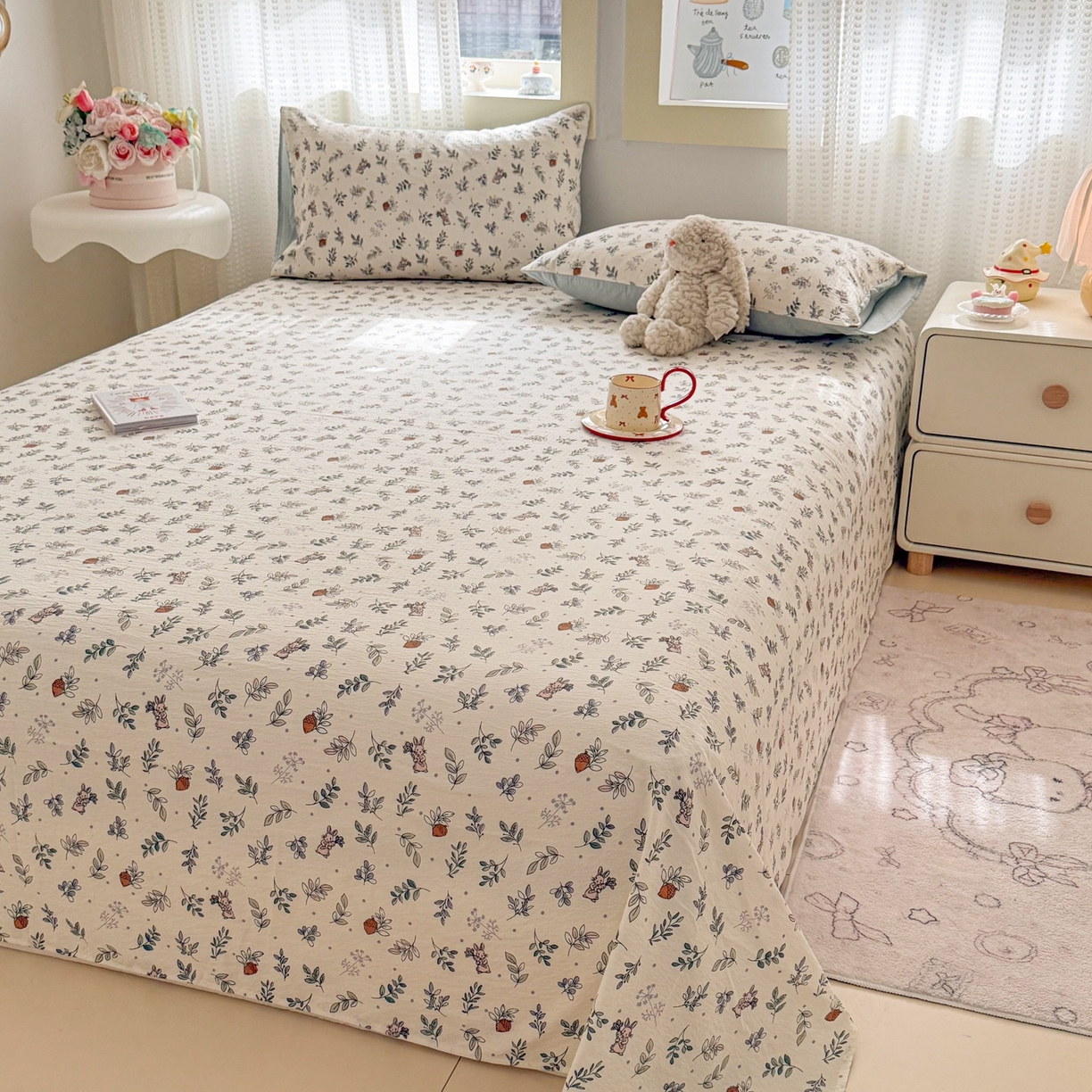 91家纺网 家纺一手货源 找家纺 丽美人家纺 2026新款A类皱皱双层纱印花单床单床单单件 紫雾叶兔