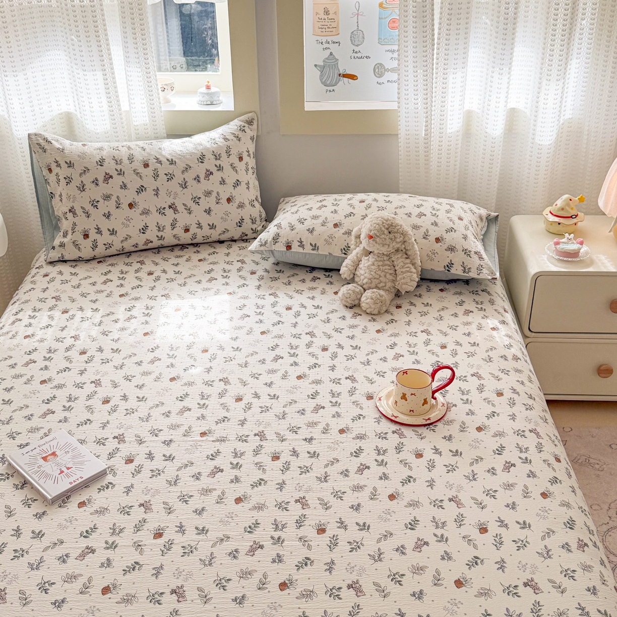 91家纺网 家纺一手货源 找家纺 丽美人家纺 2026新款A类皱皱双层纱印花单床单床单单件 紫雾叶兔