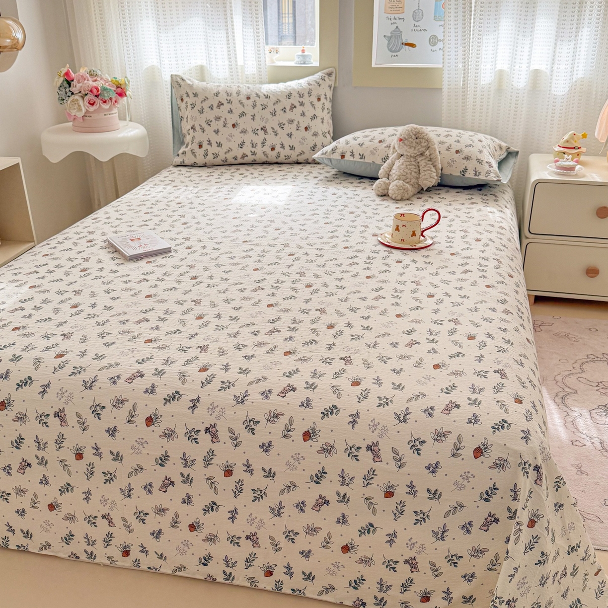 91家纺网 家纺一手货源 找家纺 丽美人家纺 2026新款A类皱皱双层纱印花单床单床单单件 紫雾叶兔