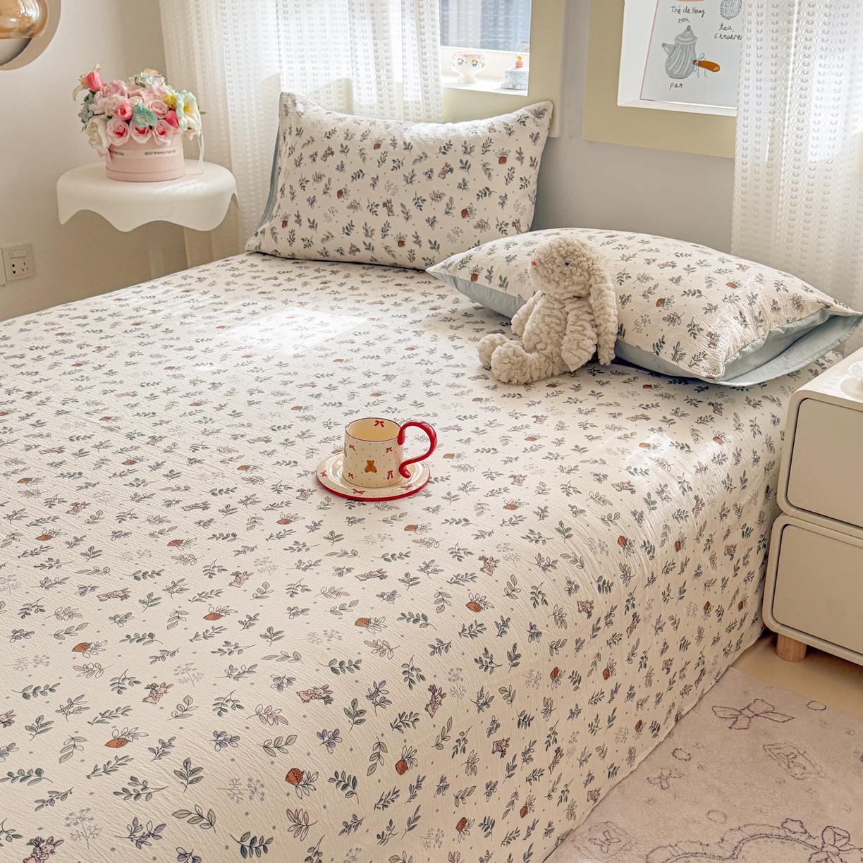 91家纺网 家纺一手货源 找家纺 丽美人家纺 2026新款A类皱皱双层纱印花单床单床单单件 紫雾叶兔