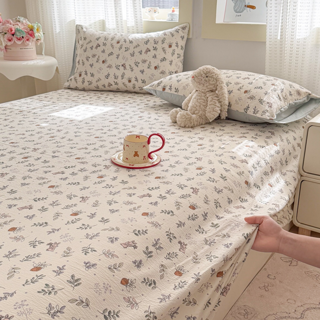 91家纺网 家纺一手货源 找家纺 丽美人家纺 2026新款A类皱皱双层纱印花单床单床单单件 紫雾叶兔