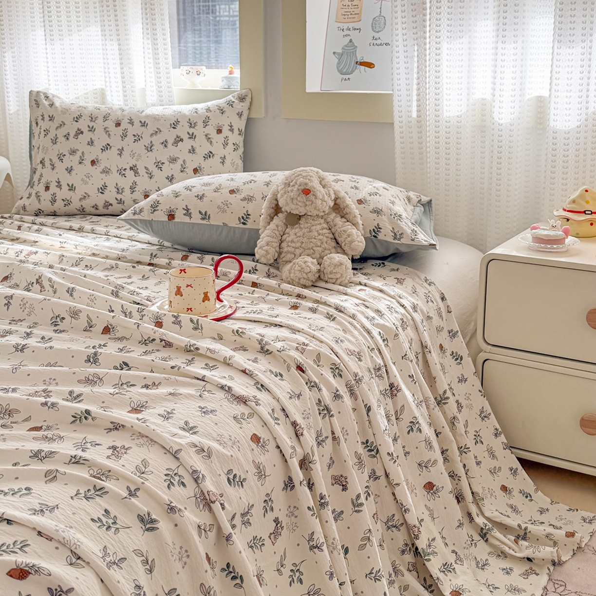 91家纺网 家纺一手货源 找家纺 丽美人家纺 2026新款A类皱皱双层纱印花单床单床单单件 紫雾叶兔