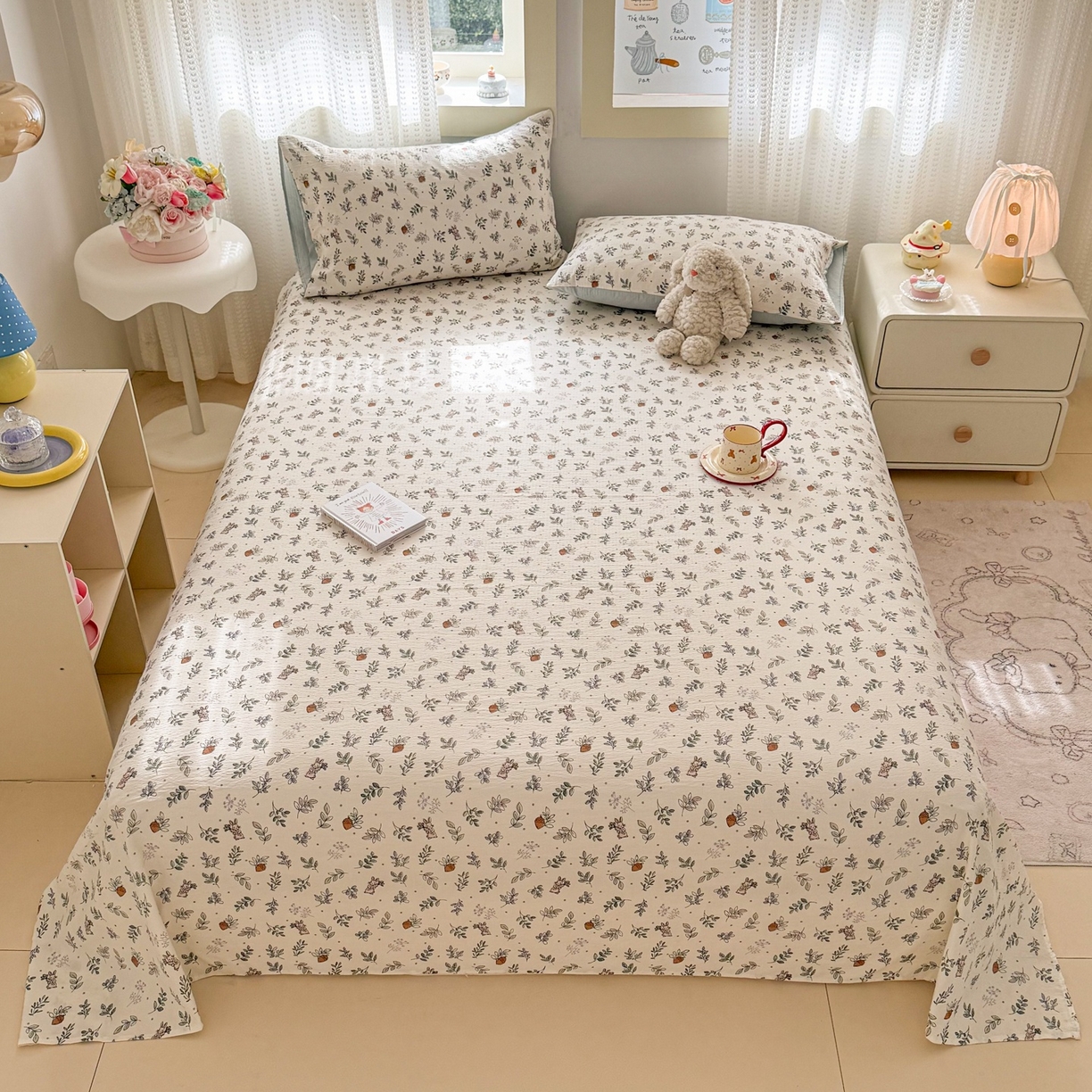 91家纺网 家纺一手货源 找家纺 丽美人家纺 2026新款A类皱皱双层纱印花单床单床单单件 紫雾叶兔