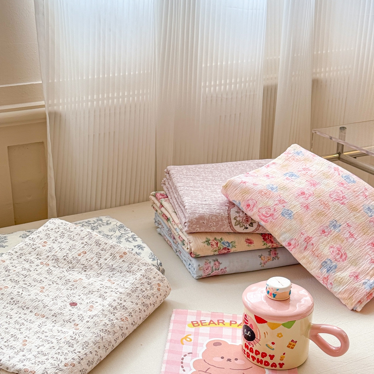 91家纺网 家纺一手货源 找家纺 丽美人家纺 2026新款A类皱皱双层纱印花单床单床单单件 叠拍图(仅供展示不可下单）