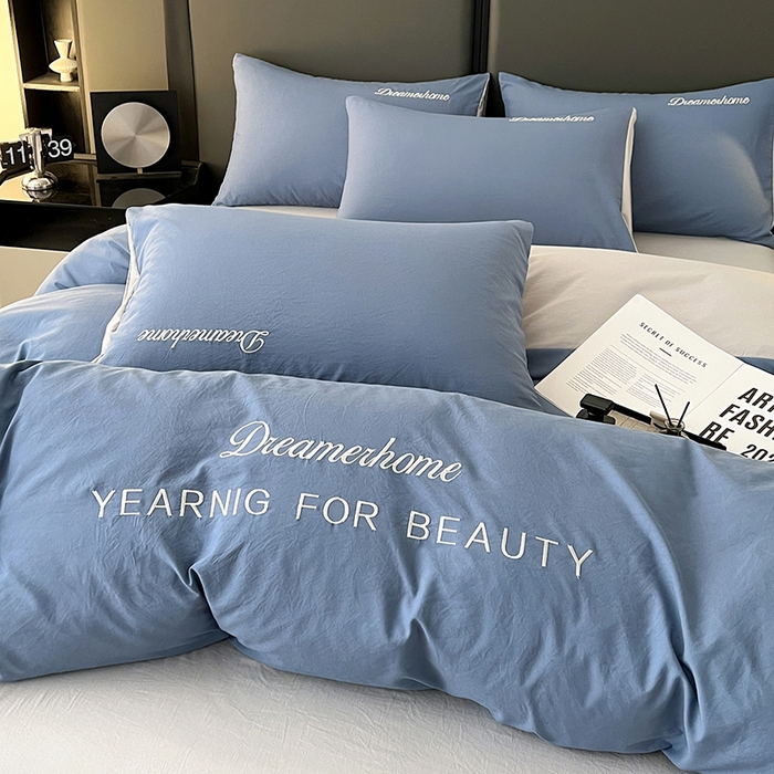 91家纺网 家纺一手货源 找家纺 （总）鑫利来家纺 2026新款古法水洗云朵棉刺绣单被套纯色双拼被套水洗磨毛简约字母刺绣被套