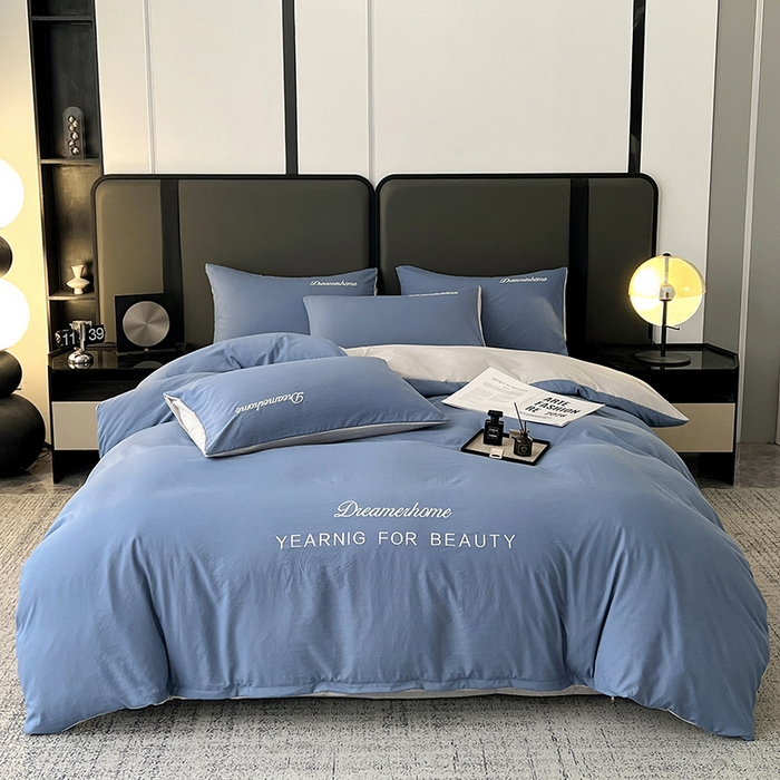 91家纺网 家纺一手货源 找家纺 （总）鑫利来家纺 2026新款古法水洗云朵棉刺绣单被套纯色双拼被套水洗磨毛简约字母刺绣被套