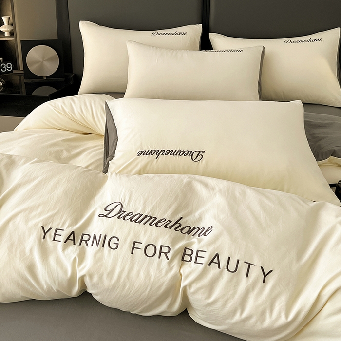 鑫利来家纺 2026新款古法仿棉水洗云朵棉刺绣单被套纯色双拼水洗磨毛简约字母刺绣被套 慕斯-奶白+中灰