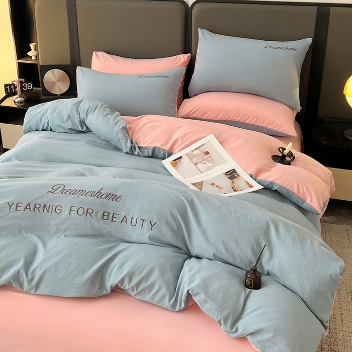 鑫利来家纺 2026新款古法仿棉水洗云朵棉刺绣单被套纯色双拼水洗磨毛简约字母刺绣被套 慕斯-海清+香叶粉