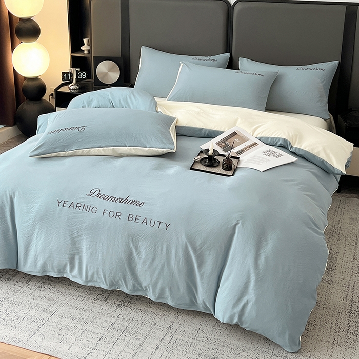 91家纺网 家纺一手货源 找家纺 鑫利来家纺 2026新款古法仿棉水洗云朵棉刺绣单被套纯色双拼水洗磨毛简约字母刺绣被套 慕斯-海清+奶白