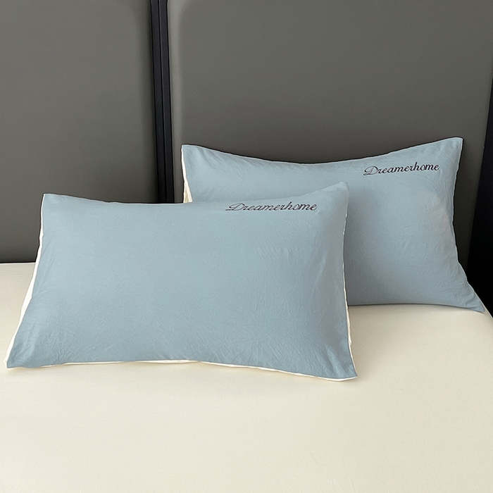 91家纺网 家纺一手货源 找家纺 （总）鑫利来家纺 2026新款古法仿棉水洗云朵棉刺绣单枕套纯色双拼水洗磨毛简约字母刺绣枕套