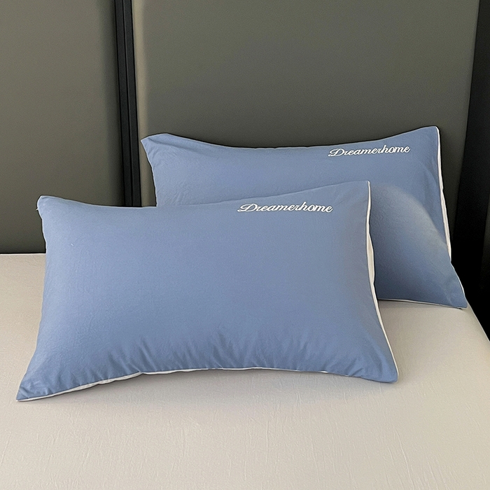 鑫利来家纺 2026新款古法仿棉水洗云朵棉刺绣单枕套纯色双拼水洗磨毛简约字母刺绣枕套 慕斯-宾利兰+山灰