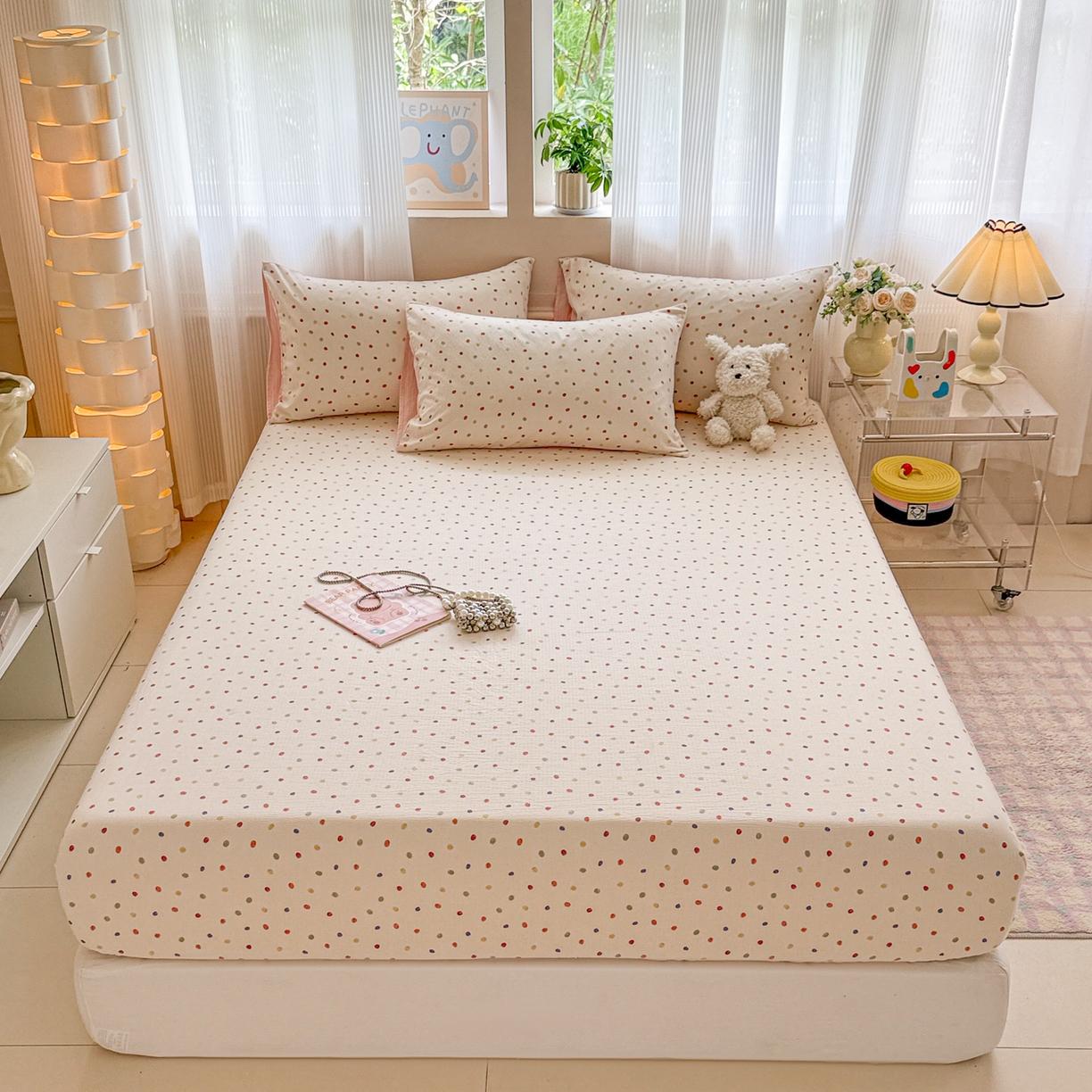 91家纺网 家纺一手货源 找家纺 丽美人家纺 2026新款A类柔软双层皱皱纱印花单床笠床笠单件 彩色波点