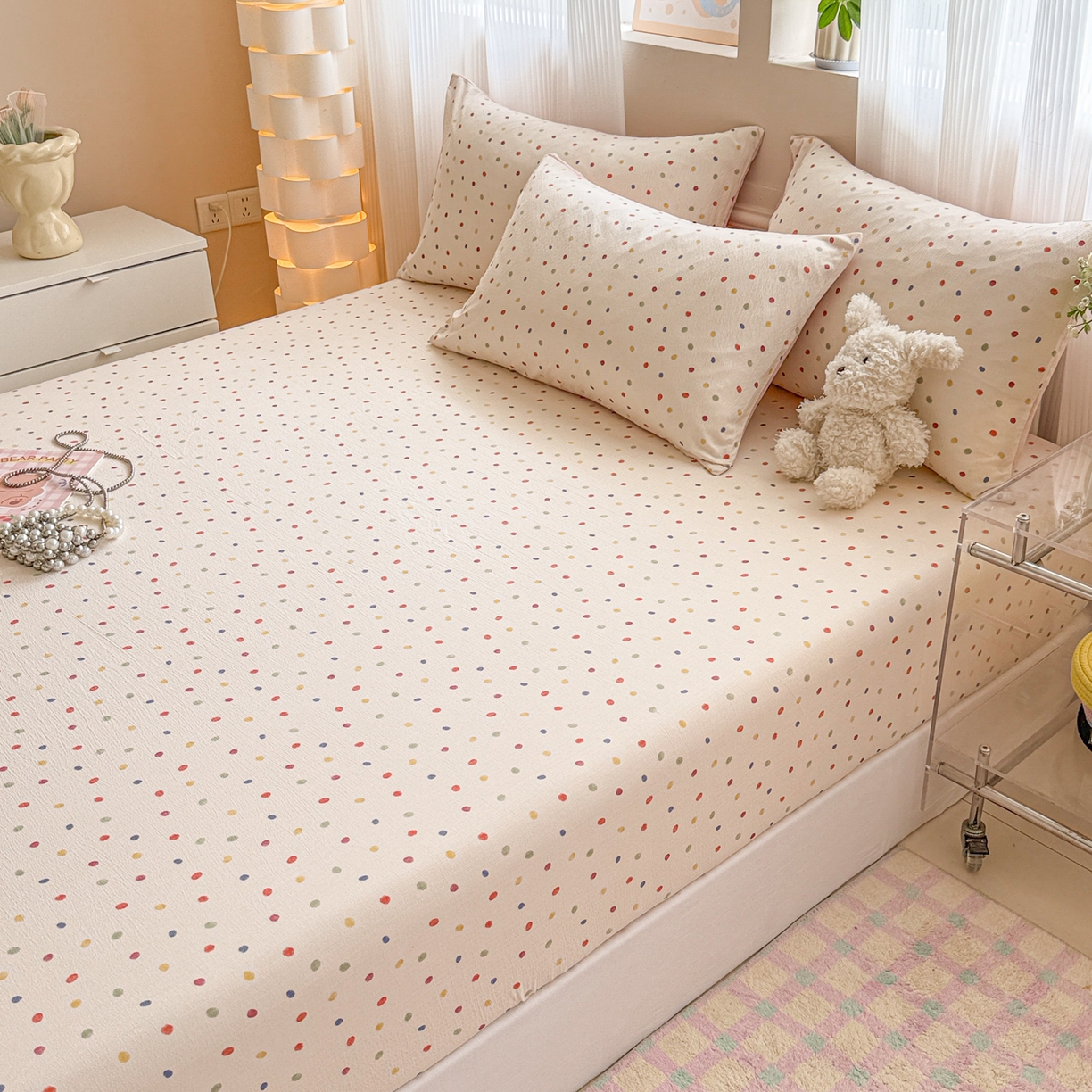 91家纺网 家纺一手货源 找家纺 丽美人家纺 2026新款A类柔软双层皱皱纱印花单床笠床笠单件 彩色波点