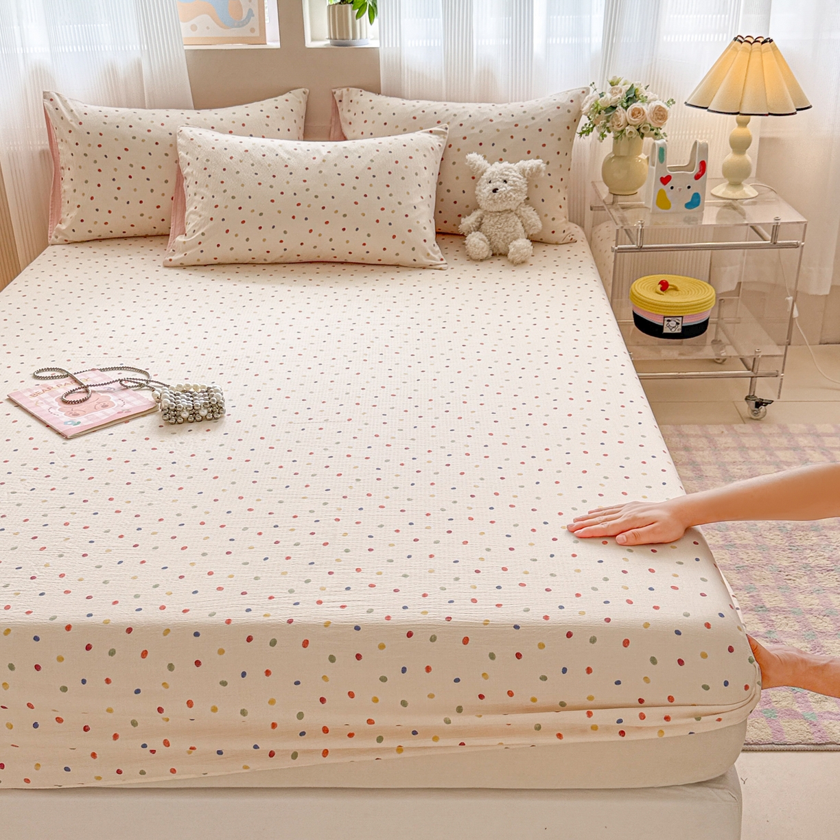 91家纺网 家纺一手货源 找家纺 丽美人家纺 2026新款A类柔软双层皱皱纱印花单床笠床笠单件 彩色波点