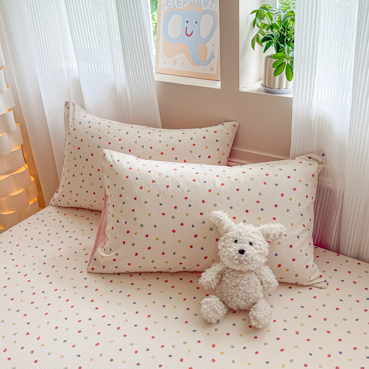 91家纺网 家纺一手货源 找家纺 丽美人家纺 2026新款A类柔软双层皱皱纱印花单床笠床笠单件 彩色波点