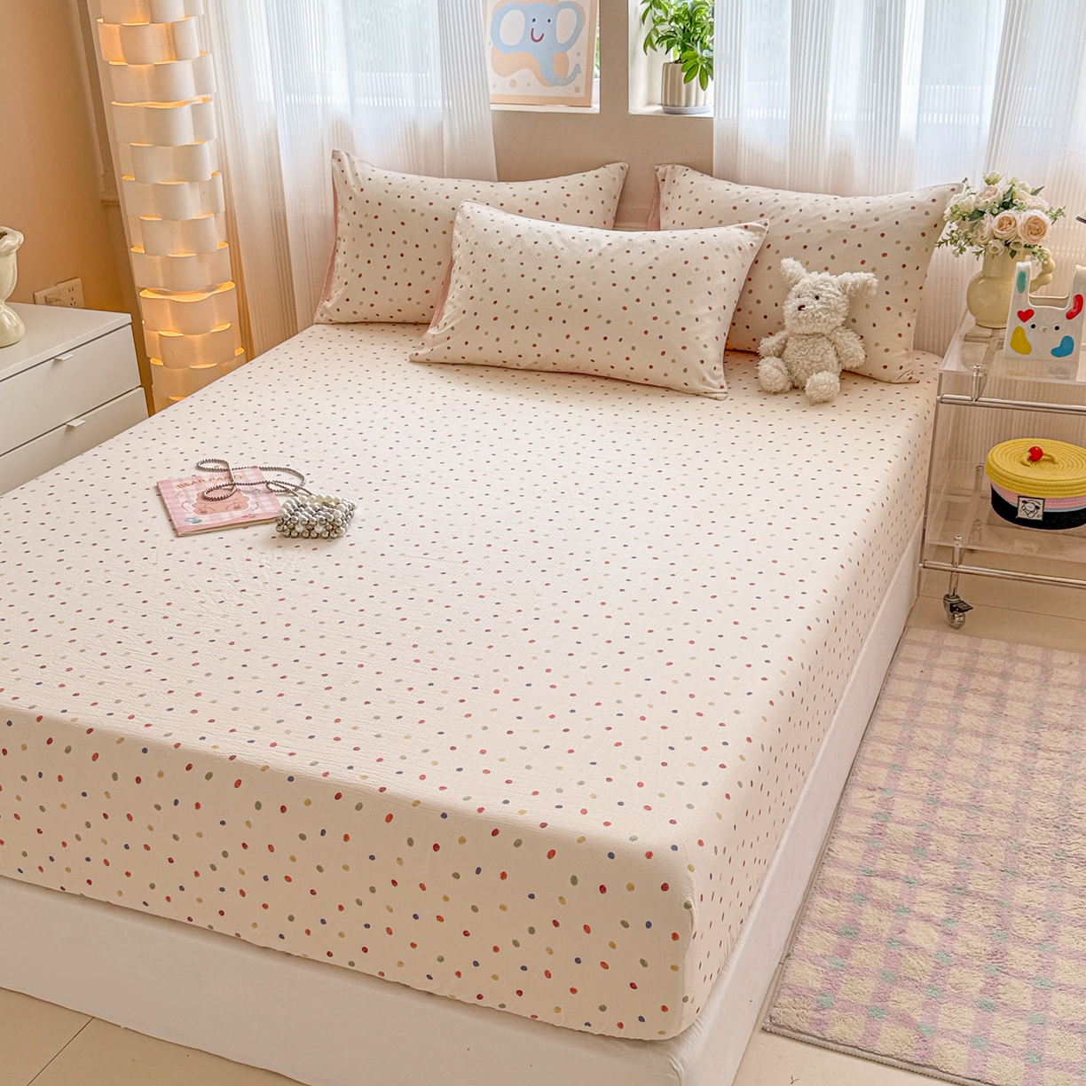 91家纺网 家纺一手货源 找家纺 丽美人家纺 2026新款A类柔软双层皱皱纱印花单床笠床笠单件 彩色波点