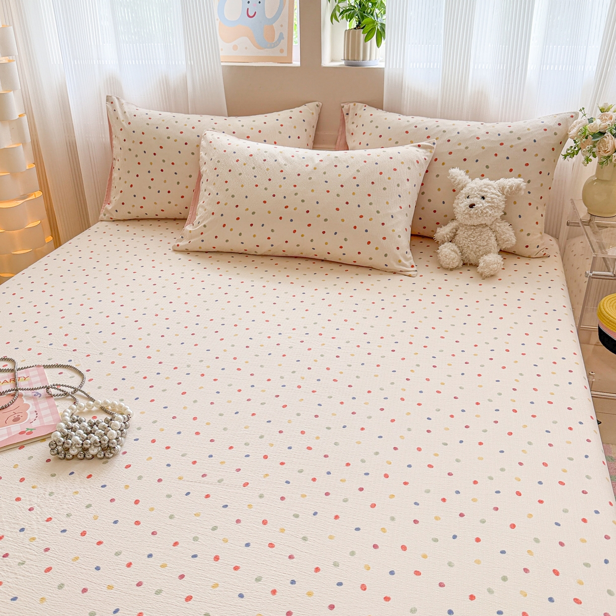 91家纺网 家纺一手货源 找家纺 丽美人家纺 2026新款A类柔软双层皱皱纱印花单床笠床笠单件 彩色波点