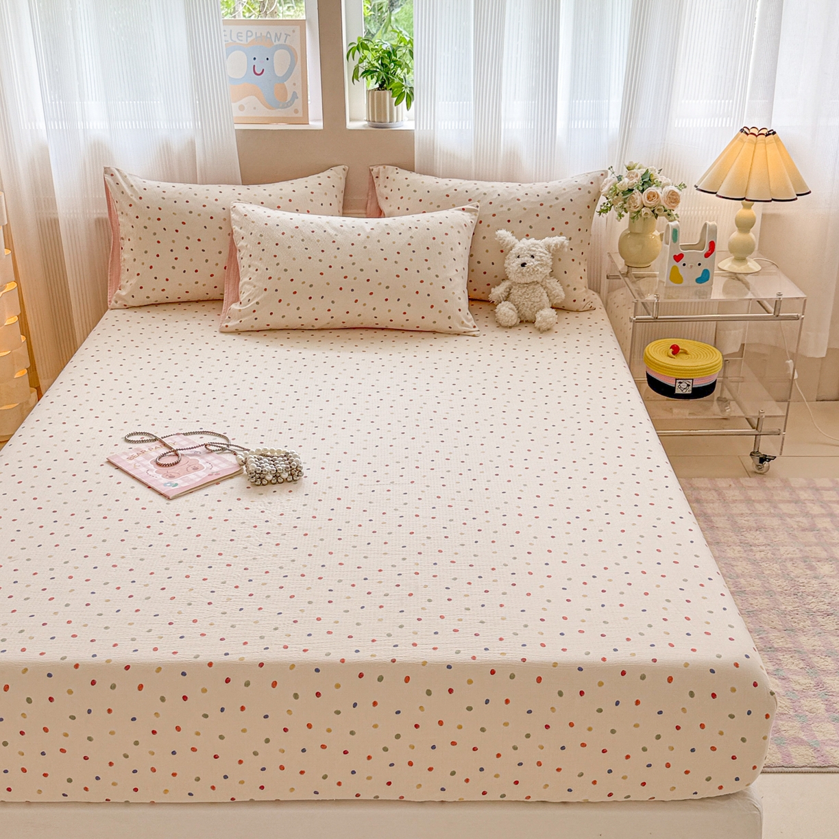 91家纺网 家纺一手货源 找家纺 丽美人家纺 2026新款A类柔软双层皱皱纱印花单床笠床笠单件 彩色波点