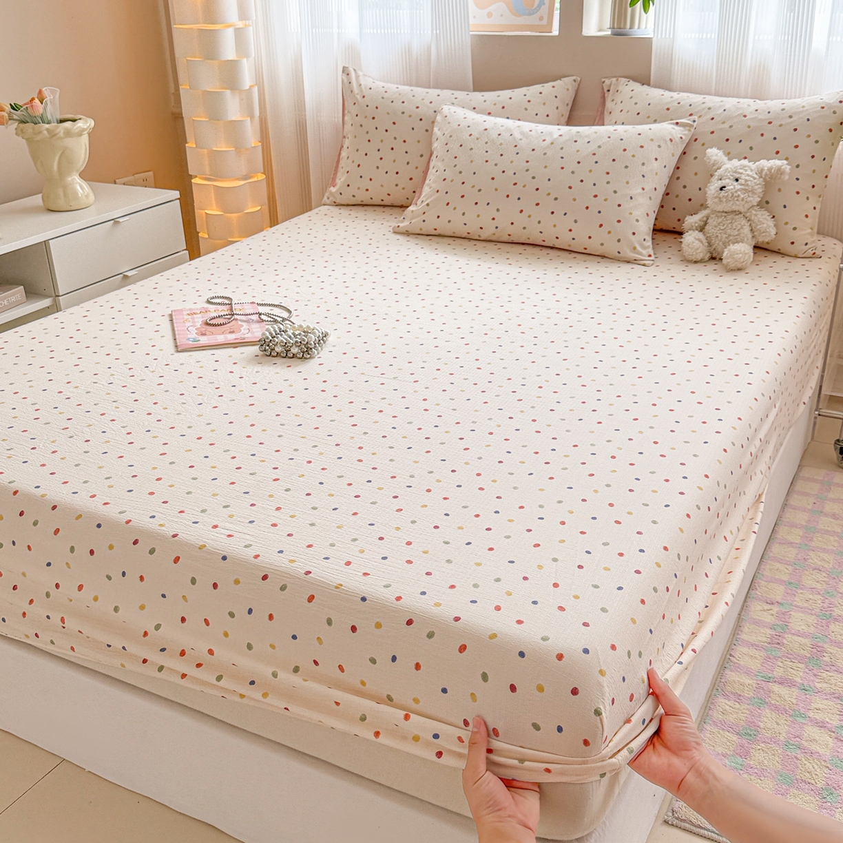 91家纺网 家纺一手货源 找家纺 丽美人家纺 2026新款A类柔软双层皱皱纱印花单床笠床笠单件 彩色波点