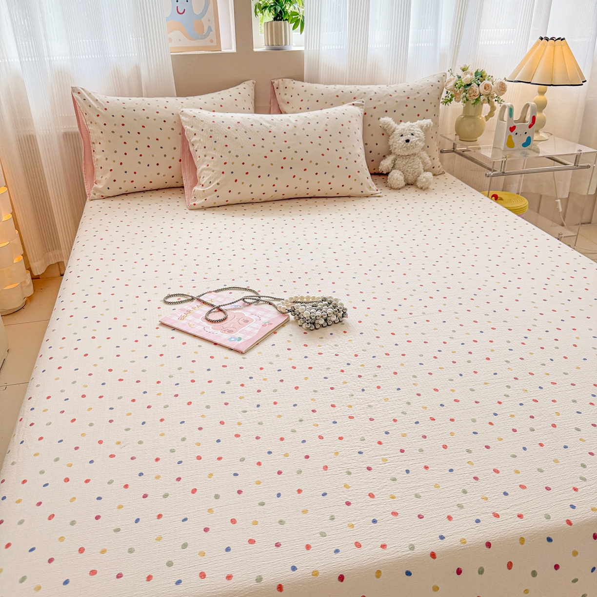 91家纺网 家纺一手货源 找家纺 丽美人家纺 2026新款A类柔软双层皱皱纱印花单床笠床笠单件 彩色波点