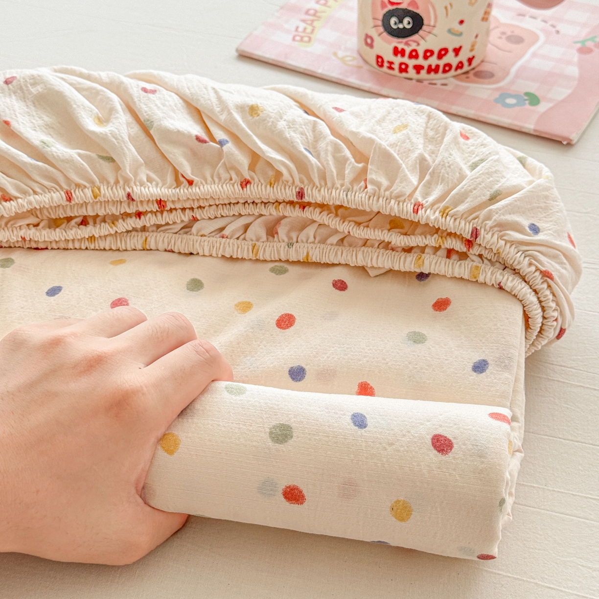 91家纺网 家纺一手货源 找家纺 丽美人家纺 2026新款A类柔软双层皱皱纱印花单床笠床笠单件 彩色波点