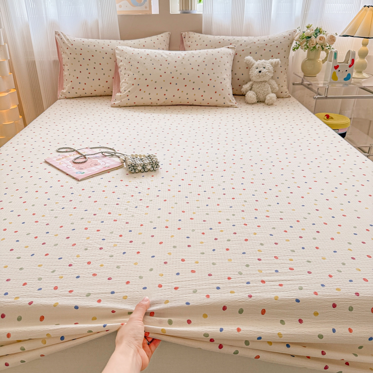 91家纺网 家纺一手货源 找家纺 丽美人家纺 2026新款A类柔软双层皱皱纱印花单床笠床笠单件 彩色波点