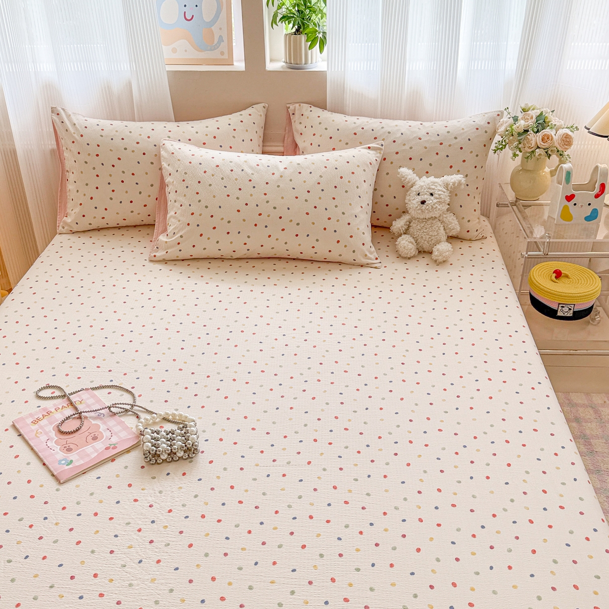 91家纺网 家纺一手货源 找家纺 丽美人家纺 2026新款A类柔软双层皱皱纱印花单床笠床笠单件 彩色波点