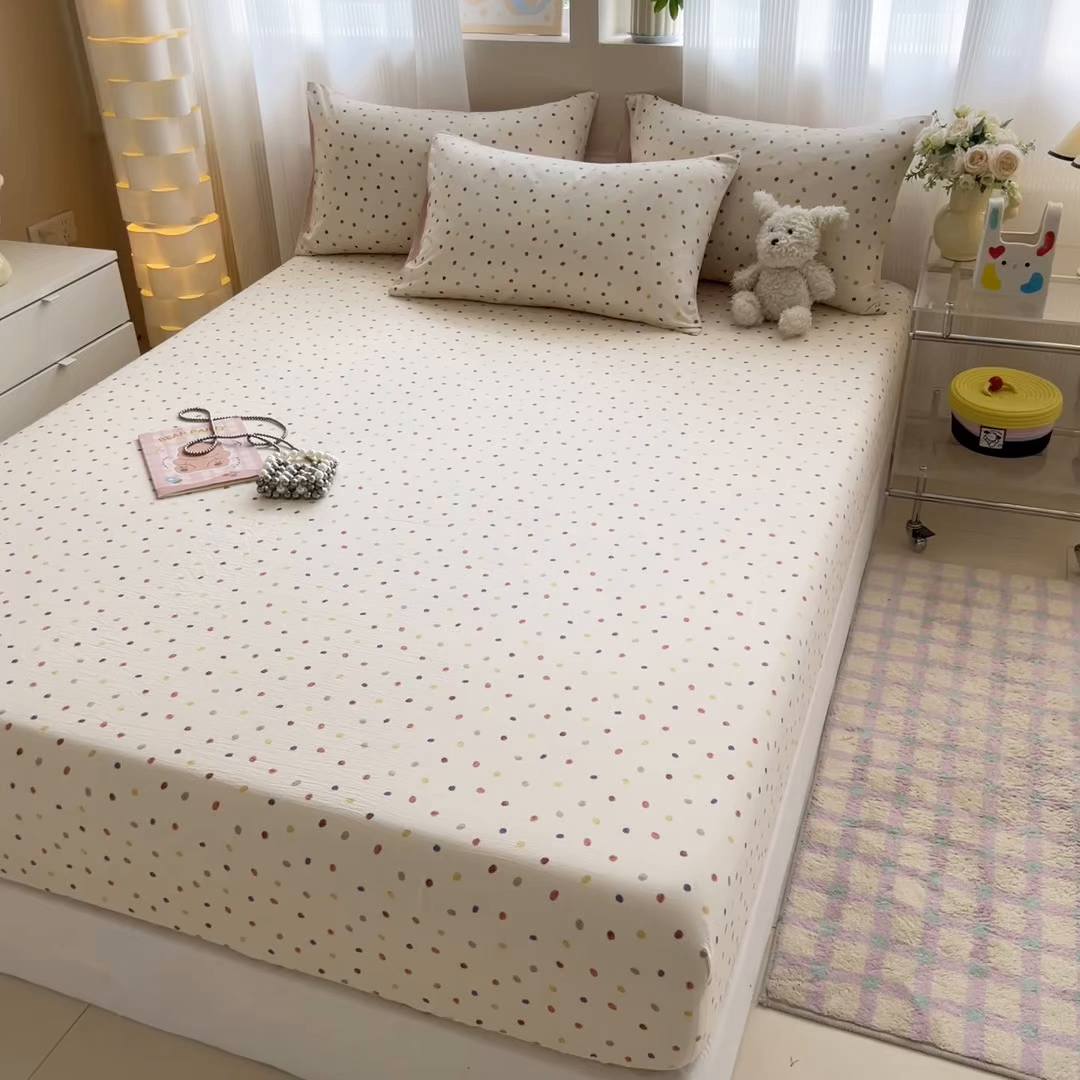 91家纺网 家纺一手货源 找家纺 丽美人家纺 2026新款A类柔软双层皱皱纱印花单床笠床笠单件 彩色波点