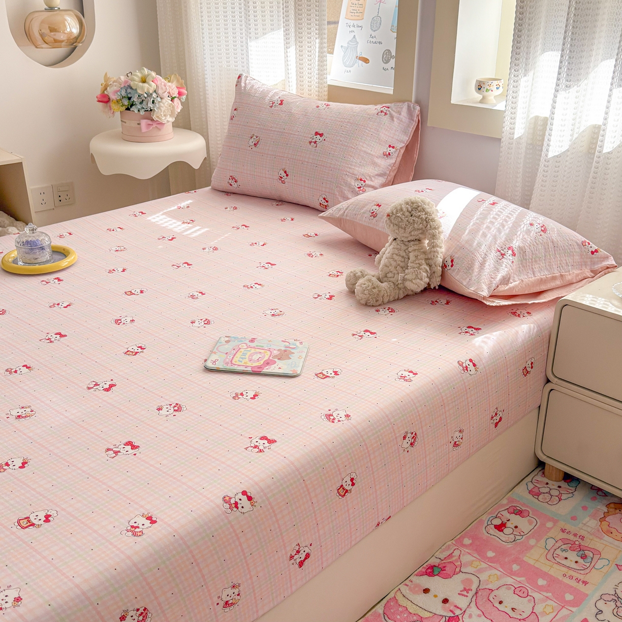 91家纺网 家纺一手货源 找家纺 丽美人家纺 2026新款A类柔软双层皱皱纱印花单床笠床笠单件 粉格猫咪