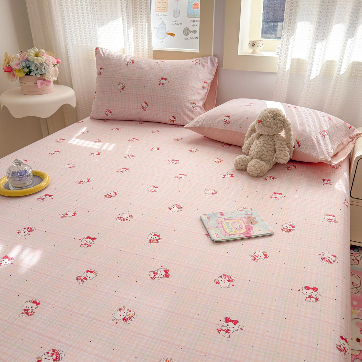 91家纺网 家纺一手货源 找家纺 丽美人家纺 2026新款A类柔软双层皱皱纱印花单床笠床笠单件 粉格猫咪