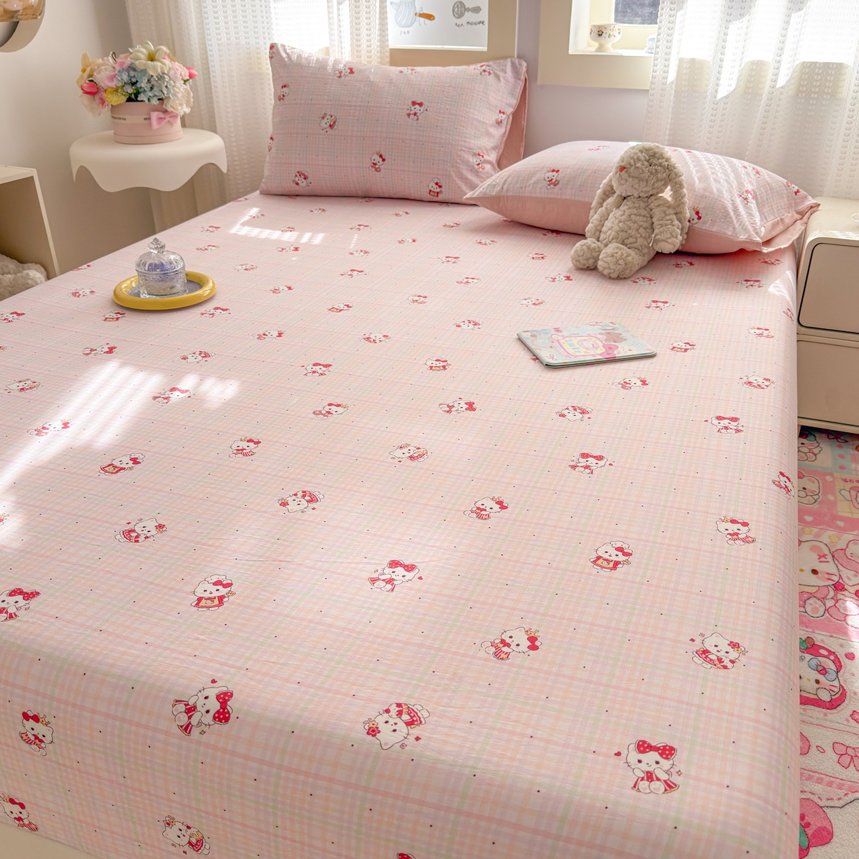 91家纺网 家纺一手货源 找家纺 丽美人家纺 2026新款A类柔软双层皱皱纱印花单床笠床笠单件 粉格猫咪