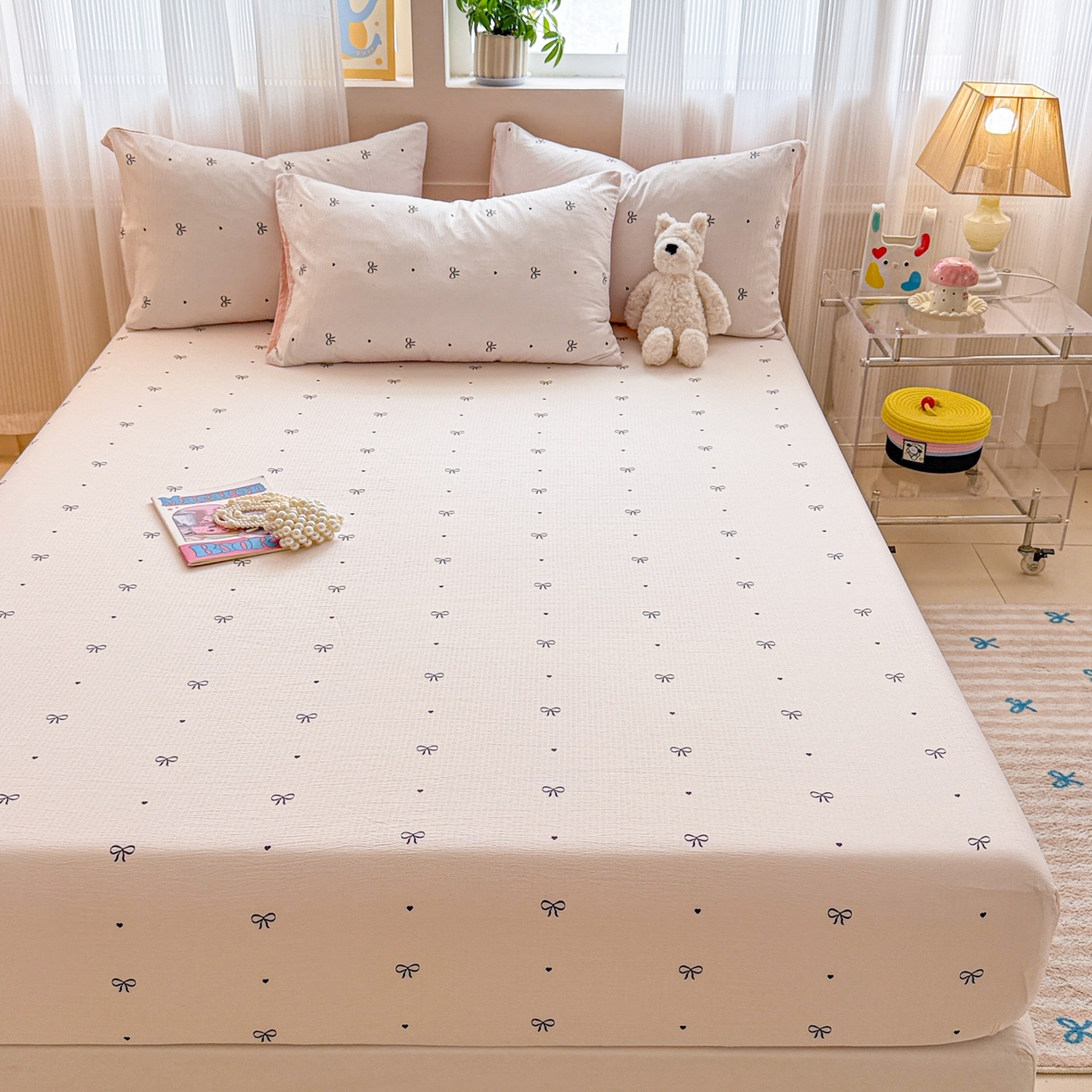 91家纺网 家纺一手货源 找家纺 丽美人家纺 2026新款A类柔软双层皱皱纱印花单床笠床笠单件 粉蝴蝶结