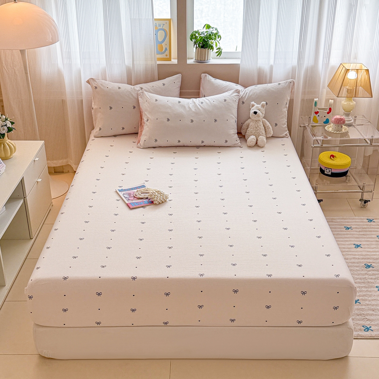 91家纺网 家纺一手货源 找家纺 丽美人家纺 2026新款A类柔软双层皱皱纱印花单床笠床笠单件 粉蝴蝶结