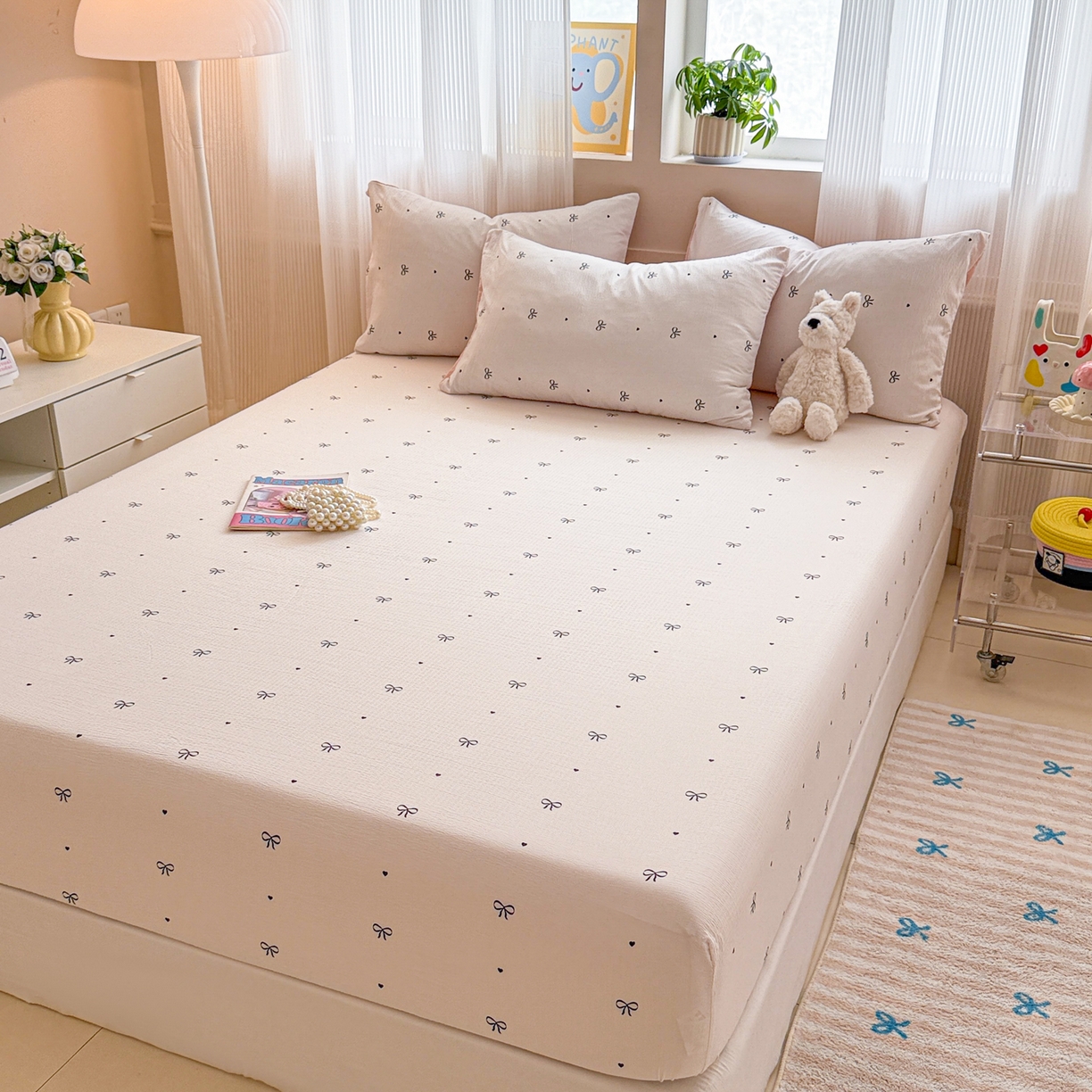 91家纺网 家纺一手货源 找家纺 丽美人家纺 2026新款A类柔软双层皱皱纱印花单床笠床笠单件 粉蝴蝶结