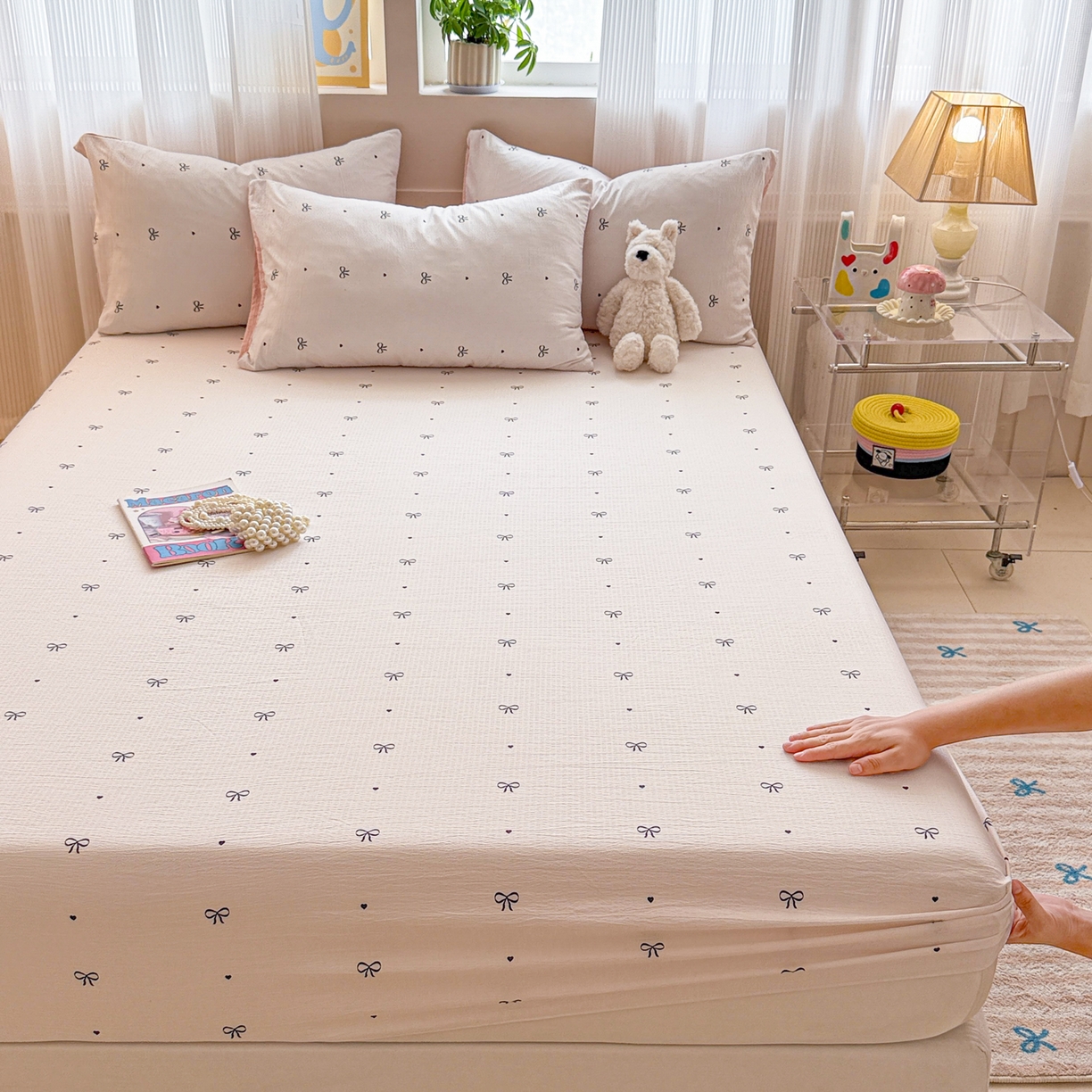 91家纺网 家纺一手货源 找家纺 丽美人家纺 2026新款A类柔软双层皱皱纱印花单床笠床笠单件 粉蝴蝶结