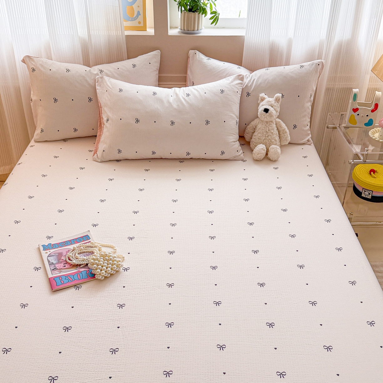 91家纺网 家纺一手货源 找家纺 丽美人家纺 2026新款A类柔软双层皱皱纱印花单床笠床笠单件 粉蝴蝶结