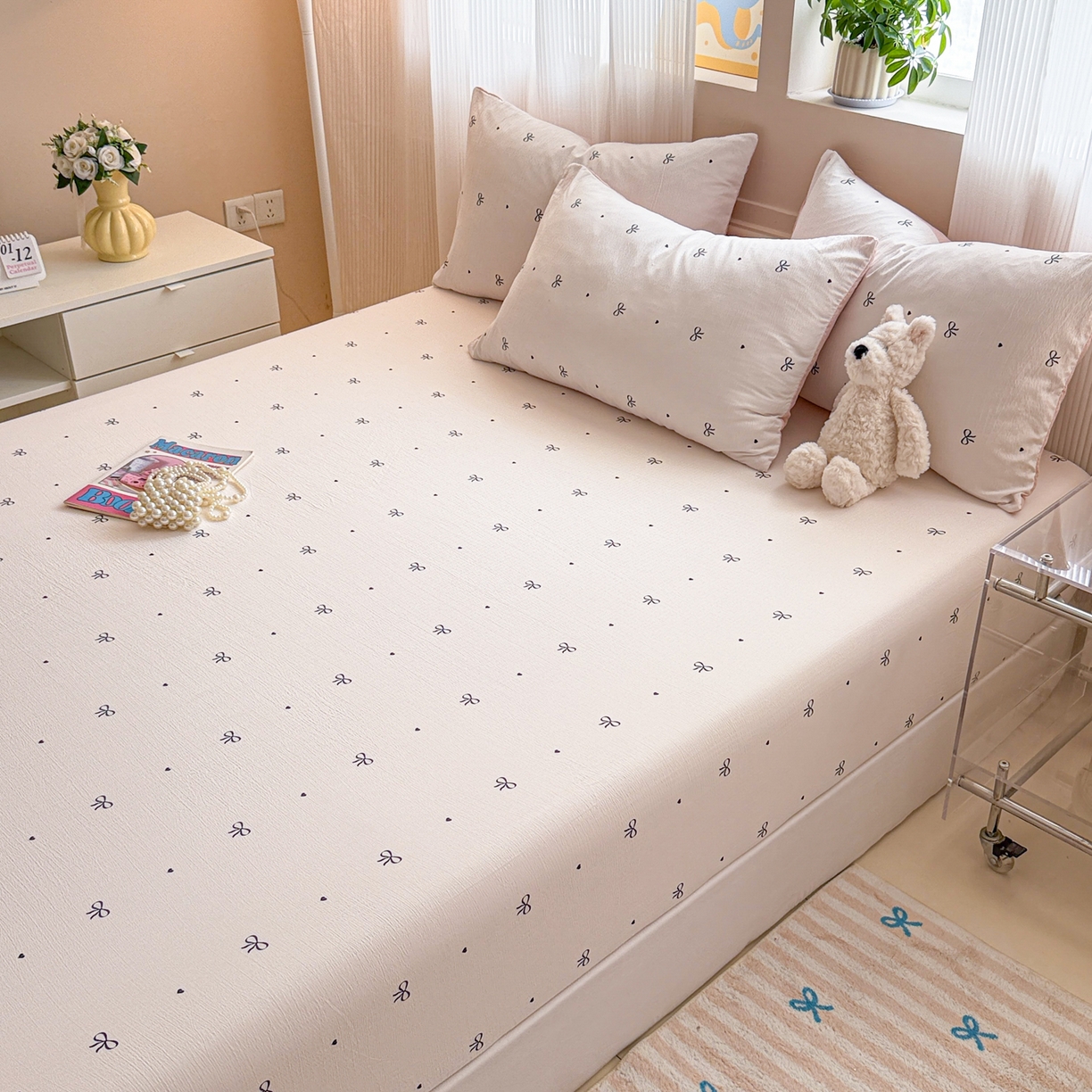 91家纺网 家纺一手货源 找家纺 丽美人家纺 2026新款A类柔软双层皱皱纱印花单床笠床笠单件 粉蝴蝶结