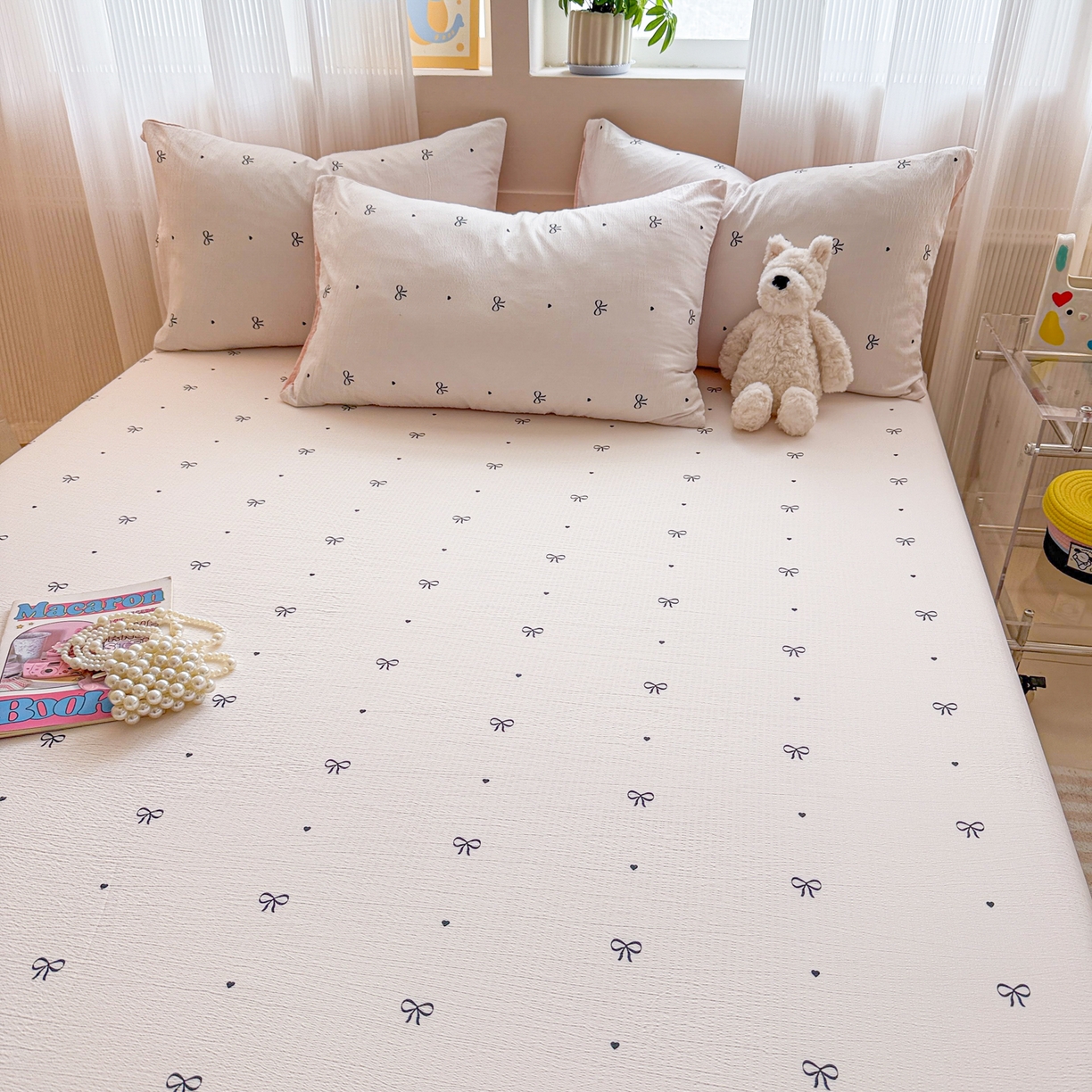 91家纺网 家纺一手货源 找家纺 丽美人家纺 2026新款A类柔软双层皱皱纱印花单床笠床笠单件 粉蝴蝶结