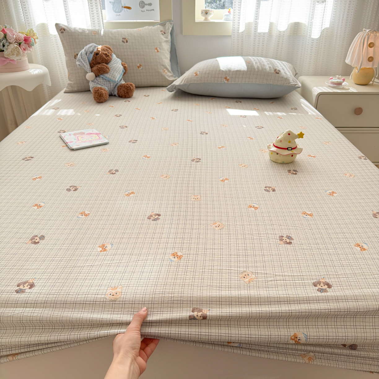 91家纺网 家纺一手货源 找家纺 丽美人家纺 2026新款A类柔软双层皱皱纱印花单床笠床笠单件 格仔萌宠