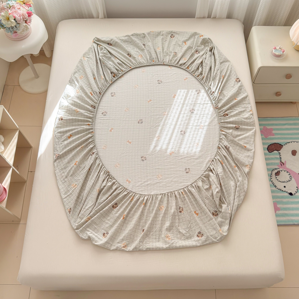 91家纺网 家纺一手货源 找家纺 丽美人家纺 2026新款A类柔软双层皱皱纱印花单床笠床笠单件 格仔萌宠