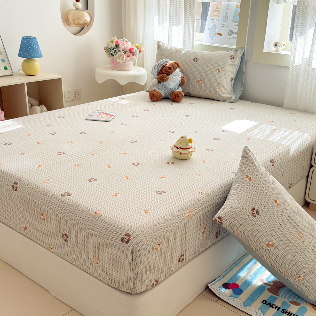 91家纺网 家纺一手货源 找家纺 丽美人家纺 2026新款A类柔软双层皱皱纱印花单床笠床笠单件 格仔萌宠