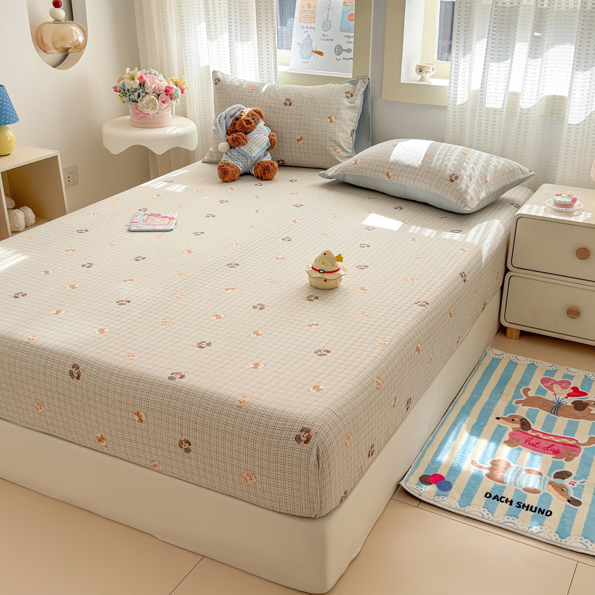 91家纺网 家纺一手货源 找家纺 丽美人家纺 2026新款A类柔软双层皱皱纱印花单床笠床笠单件 格仔萌宠