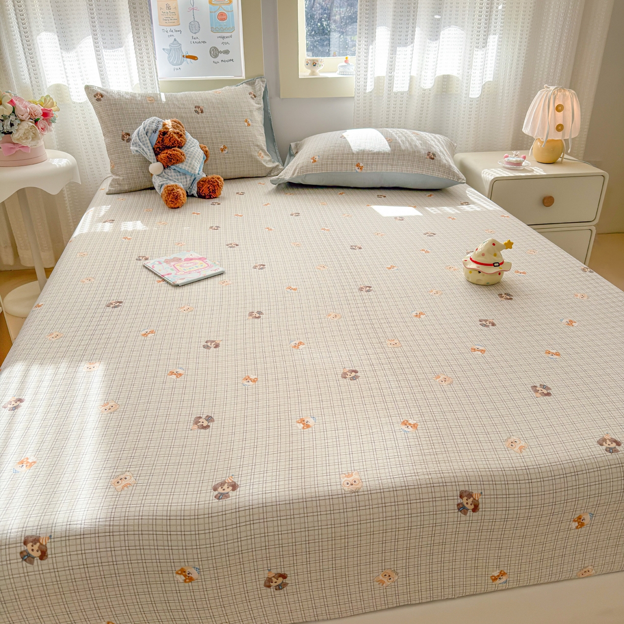 91家纺网 家纺一手货源 找家纺 丽美人家纺 2026新款A类柔软双层皱皱纱印花单床笠床笠单件 格仔萌宠