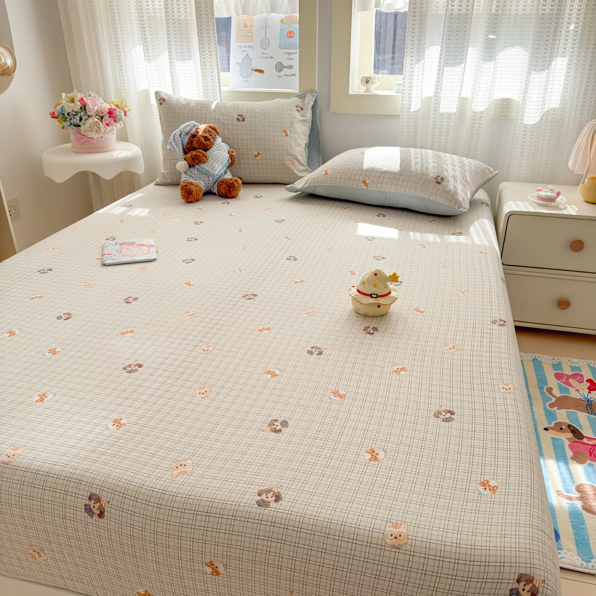 91家纺网 家纺一手货源 找家纺 丽美人家纺 2026新款A类柔软双层皱皱纱印花单床笠床笠单件 格仔萌宠