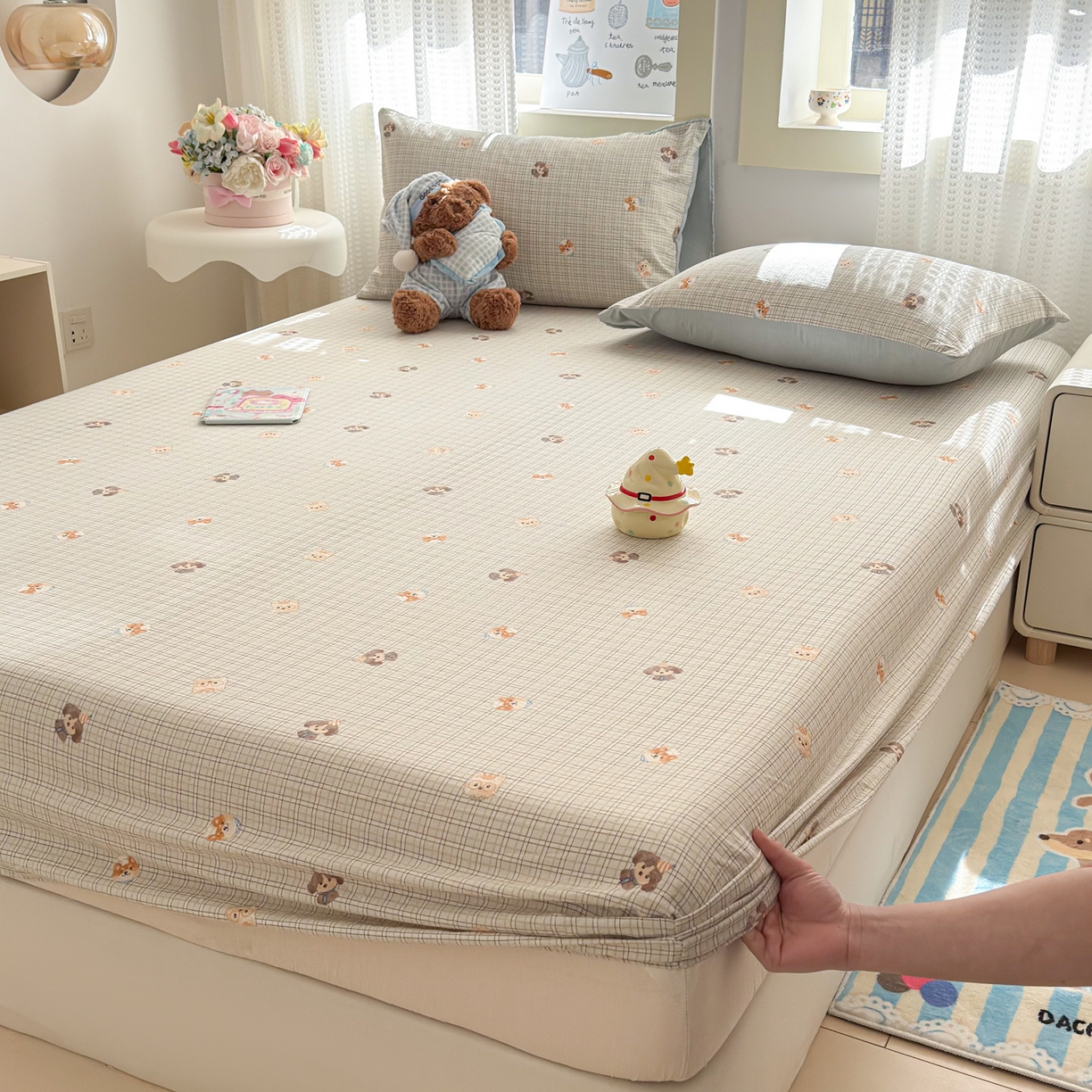 91家纺网 家纺一手货源 找家纺 丽美人家纺 2026新款A类柔软双层皱皱纱印花单床笠床笠单件 格仔萌宠