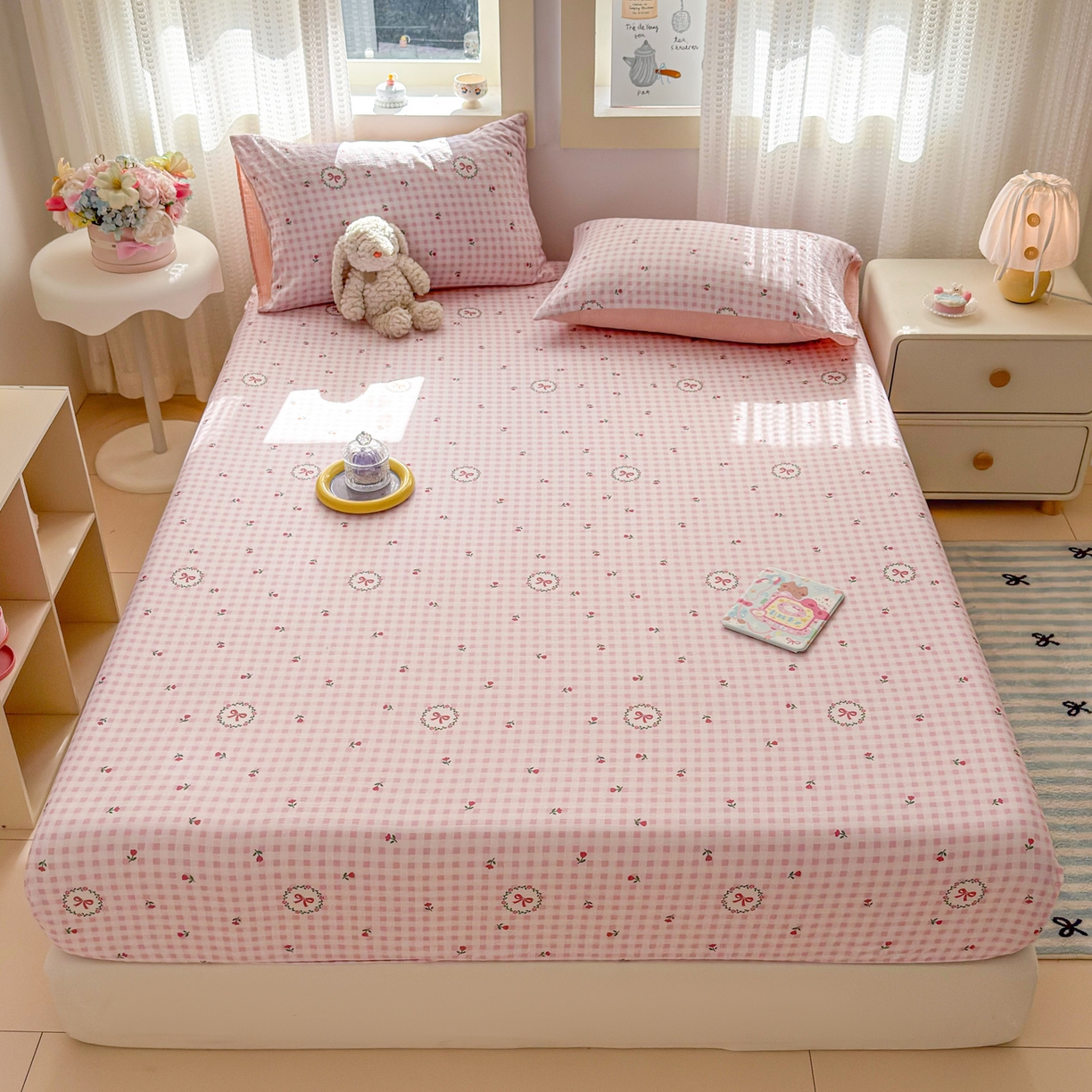 91家纺网 家纺一手货源 找家纺 丽美人家纺 2026新款A类柔软双层皱皱纱印花单床笠床笠单件 格子蝴蝶结