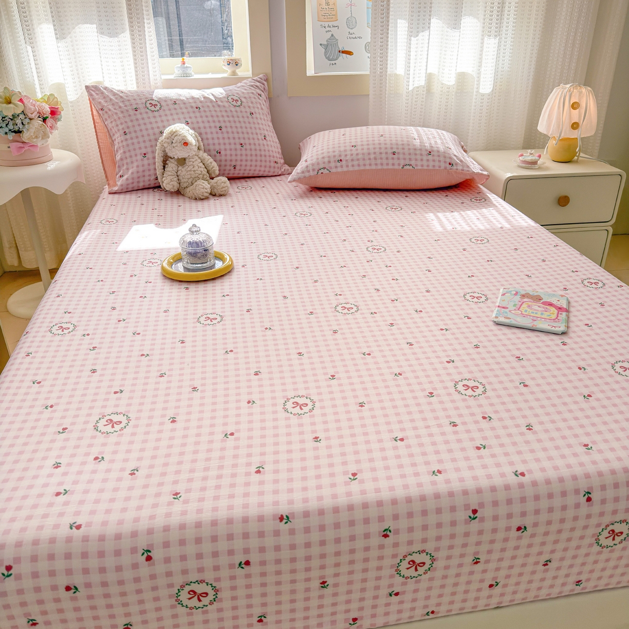 91家纺网 家纺一手货源 找家纺 丽美人家纺 2026新款A类柔软双层皱皱纱印花单床笠床笠单件 格子蝴蝶结